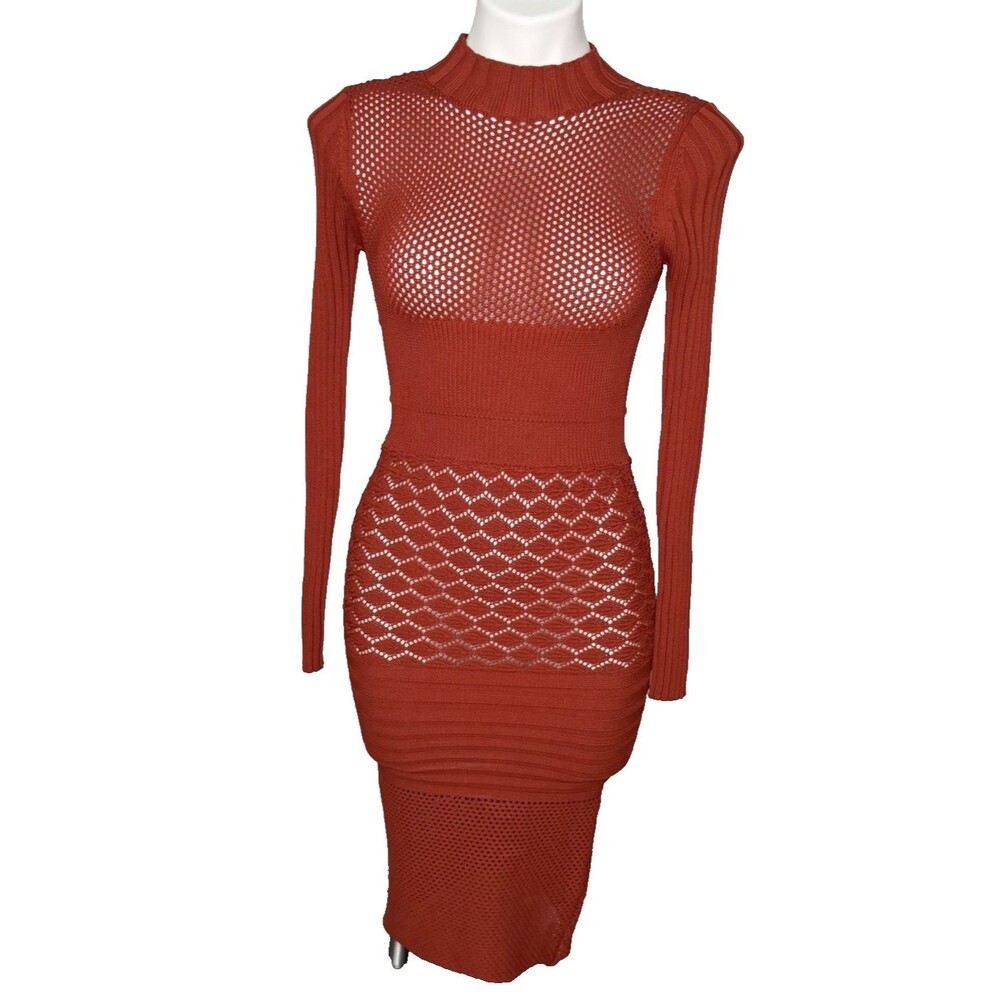 Cuitout Fishnet Midi Dress Orange Bodycon M Glamoratti Sexy Festival Cocktail